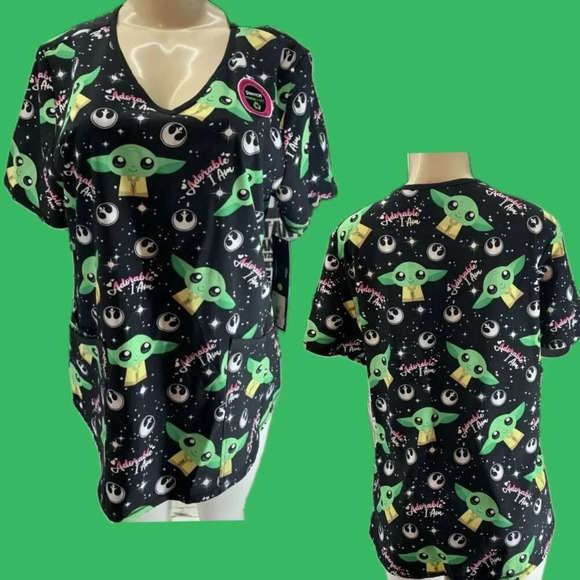 Star Wars M Black-Green Yoda Graphic V-Neckline Pockets Short Sleeve Lounge Tee - Picture 1 of 6
